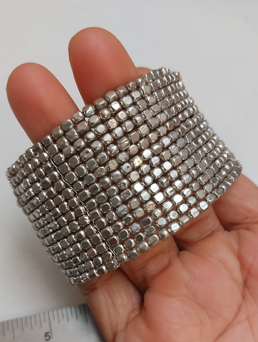 Multirow Beaded Wire Silver Tone Wide Cuff Bracelet